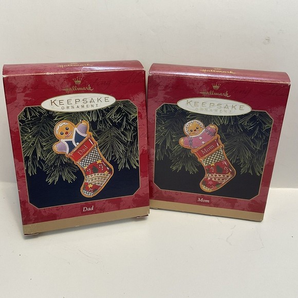 Hallmark Keepsake 1999 Ornament Mom Dad Stocking Gingerbread Set Christmas - Picture 1 of 4